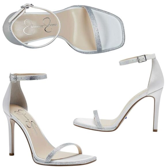 Jessica Simpson Ostey Sandals Sz 9 Silver Ankle Strap Square Toe Stiletto Heel - Picture 1 of 12